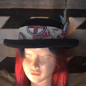 Vintage Pork pie style wool felt hat black & hand painted chamois band/feathers